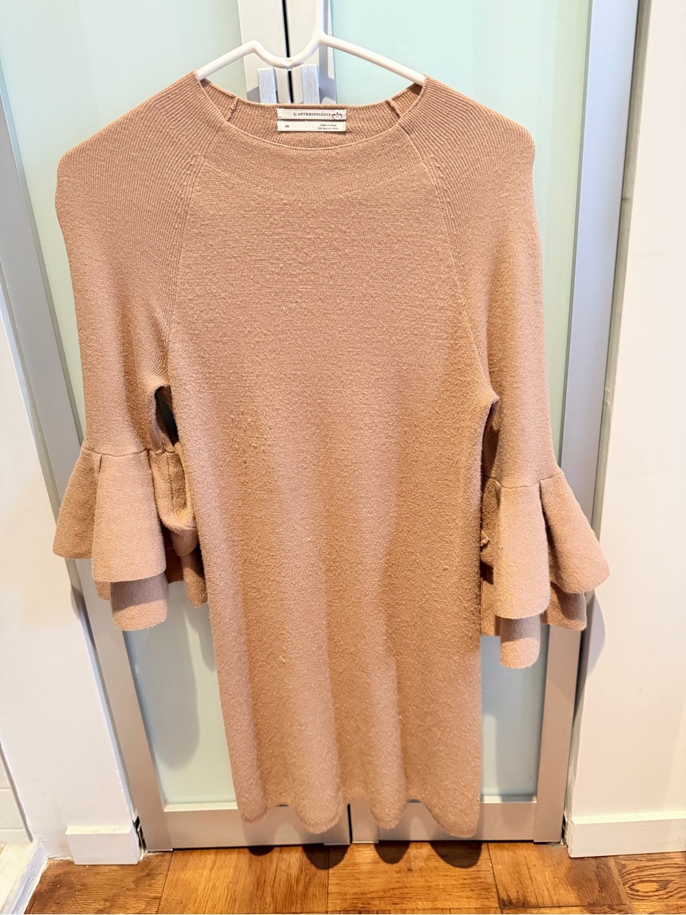 Anthropologie Cozy Ruffle-Sleeve Knit Dress in Beige